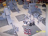Warhammer 40,000 game featuring Space Wolves Marines, Imperial Fist Space Marines and Chaos Space Marines